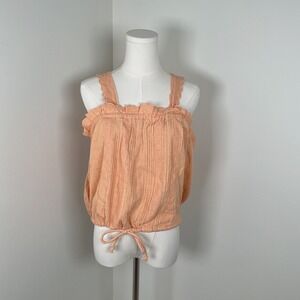 Free People Eyelet Trim Tank Top Peach Sleeveless Drawstring Women's Large NEW‎